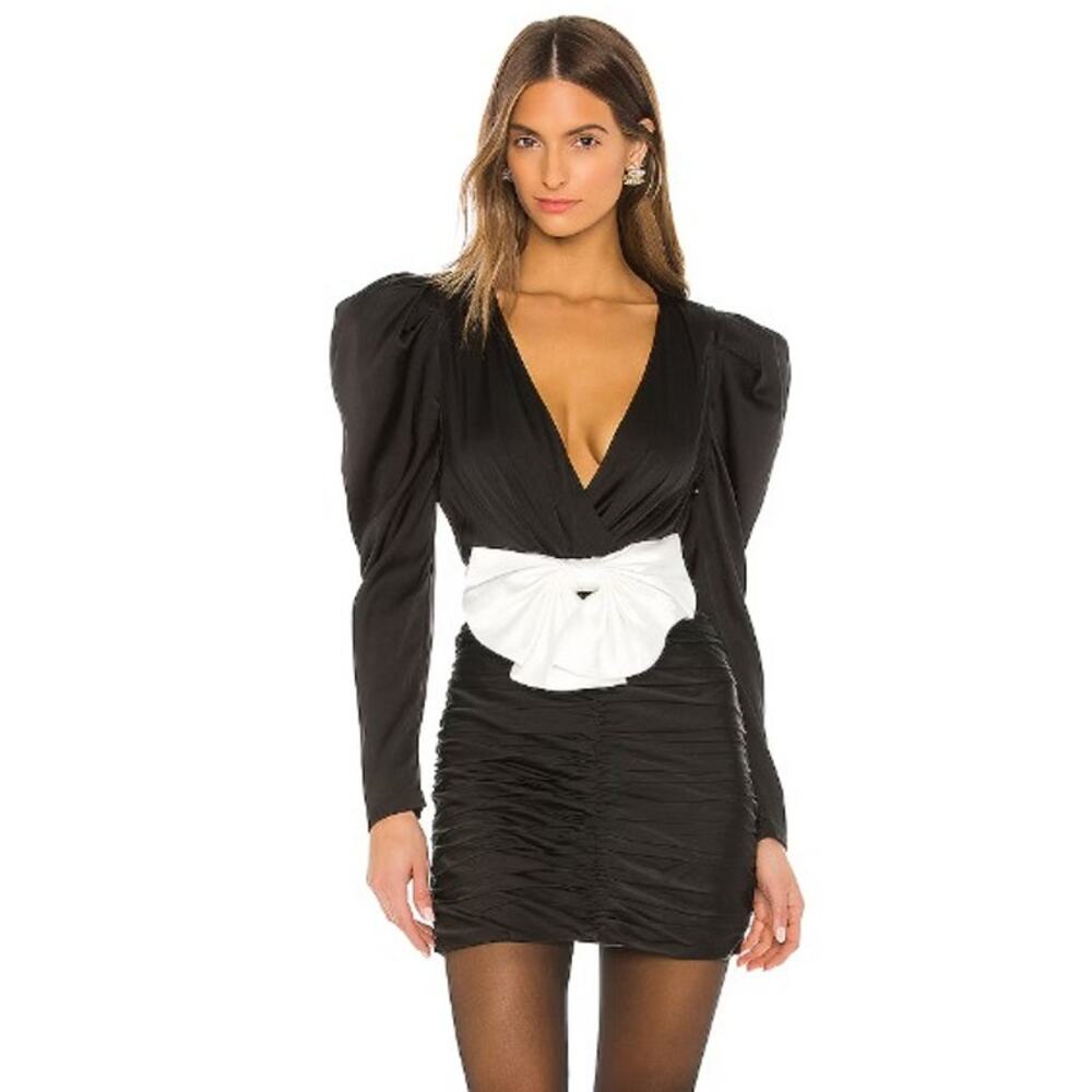 Ronny Kobo Bow Accent Margo Dress Black White Ruched Mini Length Womens Size XS - Picture 11 of 11